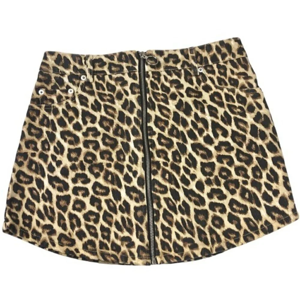 Forever 21 Leopard Zip Front Mini Skirt Sz M Casual Moto Denim Grunge Gothic